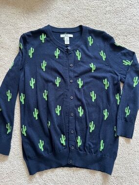 Bass Navy Cardigan with Green Cactus Pattern